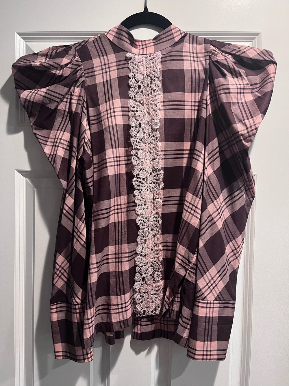 Silvia Tcherassi Pink and Burgundy Plaid Lace-Trim Puff Sleeve Blouse - Picture 7 of 8